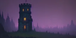 Ruined abandoned overgrown small castle tower in a dense coniferous forest, night, misty, atmospheric, fireflies