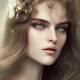 woman with Light-brown long hair, dark fantasy setting, ethereal, soft lighting, soft green-brown eyes, soft facial features,big cheeks, medium forehead