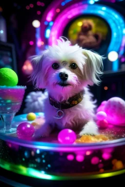 portrait of glittery haired twisted lama lama dog on a yoga space ship made of ice cream, smiling with beautiful shiny ears, each inside a pile of transparent jelly bubbles of weird colors with insect aliens inside, disco egg made of small mirror, light rayz, feast table ,shot on Hasselblad h6d-400c, zeiss prime lens, bokeh like f/0.8, tilt-shift lens 8k, high detail, smooth render, down-light, unreal engine, prize winning