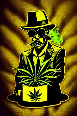 ((A cartoon cannabis logo 3 d )) ((Dresses like a mafia)) (((Sitting in a nightclub)) ((((There is a neon weed logo in the background, outlined on the outside in a golden color with an energy glow )))There is a lot of smoke
