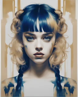 poster in two gradually, a one side the Singer Danish MØ face and other side the Singer Melanie Martinez face, symmetry, painting by Yoji Shinkawa, darkblue and gold tones,