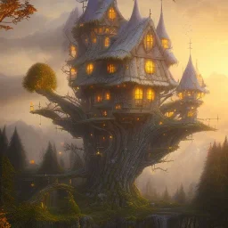 valley, fairytale treehouse village covered,, matte painting, highly detailed, dynamic lighting, cinematic, realism, realistic, photo real, sunset,detailed, high contrast, denoised, centered, michael whelan