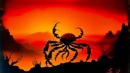 An orangish red fire elemental scorpion designed in Javanese shadow puppets painted by Ivan Aivazovsky