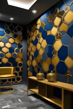 Paint HANDPAINTED WALL MURAL Arrange interlocking golden pentagons in a spiral pattern, creating a mesmerizing and dynamic mural. Color Palette: Deep navy blue, rich gold, and charcoal gray.