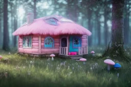 a cute pink and blue fairy house in the forest, spring time, mushrooms, 8k, flickering light, centered, high-quality, fine-detail, digital art, detailed matte, volumetric lighting, illustration, 3D octane render