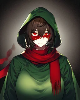 Wearing a green hood, short brown hair, glowing red eyes, blood on his cheek, dark background reminiscent of a nightmare, and has a psychopathic look, wears a red scarf, facing the screen showing only his face and neck.