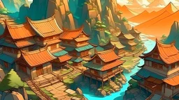 fantasy cartoon style illustration: Chinese mountain village