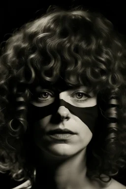 volto deforme di donna bendata con capelli ricci e frangia
