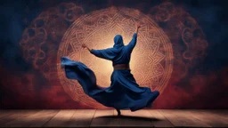 Hyper Realistic Mystical Sufi Dance with navy-blue cloth on maroon dark grungy rustic background at night & Glowing-Islamic-Pattern.