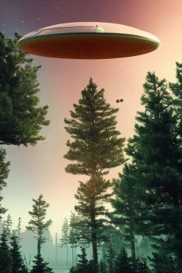 school kids see ufo flying over tall pine trees near a powerline with three lights underneath the year is 1966 in color, concept art, by Asaf Hanuka, by Weta Digital, Electric Colors, Screen Space Global Illumination, in a symbolic and meaningful style