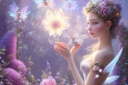 one very little beautiful fairy on a big crystal subtle flower in a galactic ambiance, transparent petals, delicate colors, in the foreground, full of details, smooth, bright sunshine，soft light atmosphere, light effect，vaporwave colorful, concept art, smooth, extremely sharp detail, finely tuned detail, ultra high definition, 8 k, unreal engine 5, ultra sharp focus