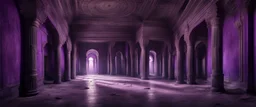 Hyper Realistic big dark hall of an abandoned haunted Indian Palace with decorated purple walls & pillars at night