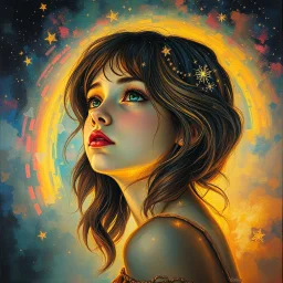 In a captivating luminous thick expressive impasto art nouveau oil painting in the style of Alphonse Mucha, Jeremy Mann, and Heinrich Kley, a teenage girl made of rainbows and stars peering out into the emptiness of eternity Teen Angst Ethereal Incandescence Anthropic Entropic Decay - Mann, Gammell, Kley, Goldin, Gerome, Quentin Blake, Damien Hirst, Hajime Sorayama, Anne Bachelier, Gibson, Rockwell, Seagrave, Alberto Vargas, N.C. Wyeth, beksinski, Bouguereau, Parrish, warm hues