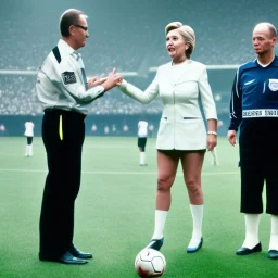 Hillary Clinton in a referee jersey officiating for a soccer match at Wembley Stadium