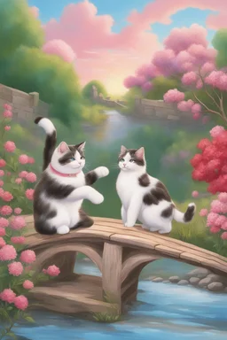 in the center: beautiful chunky cats dancing on a bridge , background: landscape, first plan: pink flowers and a small river with blue water, sky: red clouds