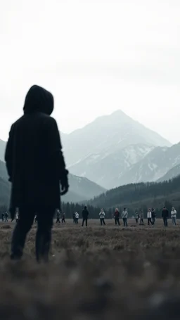 A field of random people at the end of the picture gray background an giant dark shadow of a hooded figure standing in under blurry , a huge mountains in the background cinematic, 8k