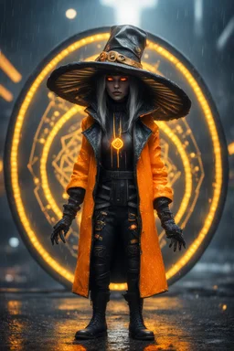 Mushroom sacred geometry framed dinner plate, black, yellow and orange neon cyber punk dancer thief in soaked rain coat and cowboy witch hat shadows boss card in the style of Giger and fallout 4 ,,bokeh like f/0.8, tilt-shift lens 8k, high detail, smooth render, down-light, unreal engine