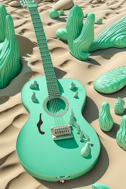 A mint colored desert with sandy guitars designed in cave paintings painted by MC Escher