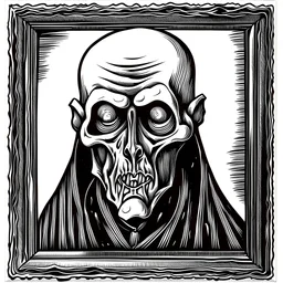 A very simple gothic horror type line drawing of a monk's head in black and white entirely frame