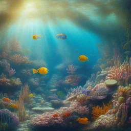 serene underwater scene, coral, fish, rocks, oil painting, by renoirm, pastel colors, masterpiece, intricate, cinematic lighting