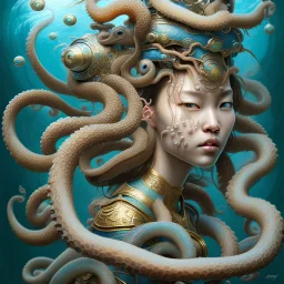 Sango fantasy, fantasy magic, intricate, sharp focus, illustration, highly detailed, digital painting, concept art, matte, art germ and Paul Lewin and Kehinde Wiley, masterpiece Japanese lady head bronze octopus' Asian African girl nice breast Thai hair turquoise silver blue under water