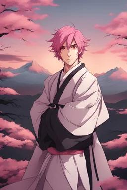 Young man with pink hair hair, bat wings, wearing traditional Japanese clothing, arrogant, smug, villain, sunset background, RWBY animation style