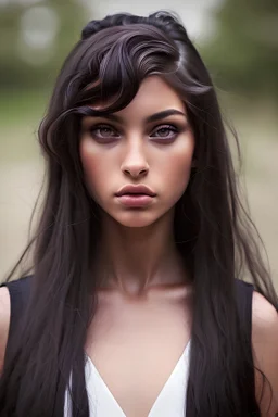 The image features a beautiful young woman {randomly selected mixed races}, wearing a black dress, standing in front of a building. Long, brunette with bronze highlights on long wave hairstyle. The scene captures her elegance and confidence as she showcases her outfit and overall appearance. (((Masterpiece))), UHD, (Highly details)