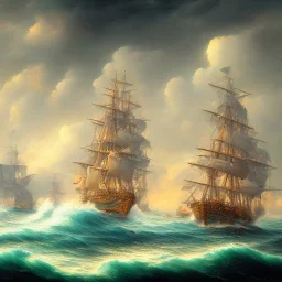 painting of Caribbean ships, high waves, colorful