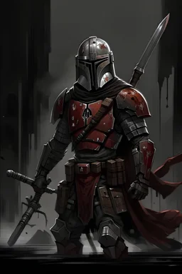A clone of a Mandalorian Gladiator wearing dark crimson and black Beskar armor, which is battle worn from combat. He wields dual vibroblades.