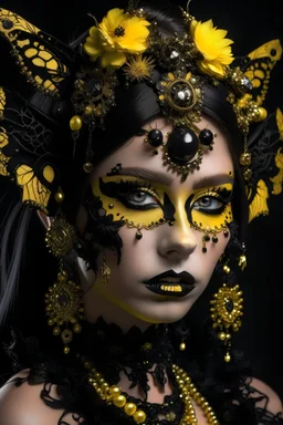 Beautiful faceced young girl, adorned with vantablack decadent goth black and yellow orchid headdress ribbed with yellow opal, black onix pearls diadem, wearing lace ribbed with black obsidian pearls and yellow opal mineral stone decadent gothica metallic filigree foral ornate half face masque Golden and black colour gradient makeup on, wearing vantablack gothica decadent leather jacket ribbed with yellow opal embossed floral lace ornament extremely detailed hyperrealistic maximalis portrai