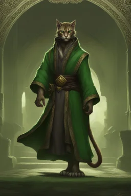 Male khajiit with grey fur and Hazel eyes wearing a emerald green robes