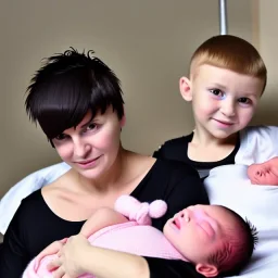 Russian tomboy boyish boylike short man's haircut boyish features in black girlish nightgown mommy in hospital with newborn baby