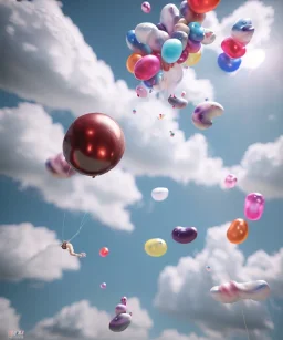 Ultra realistic speed clouds sky scene, wide angle view, sweet women falling down, Childs, feather inflatable color clothing, free jumping flying, many trinkets, hair monster, many jelly beans, balls, color smoke, smile, happy, circus style, extreme, wind, clouds sea, 20,000 feet altitude, stratosphere, soft color, highly detailed, unreal engine 5, ray tracing, RTX, lumen lighting, ultra detail, volumetric lighting, 3d, finely drawn, high definition, high resolution.