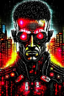 Bladerunner cyborg half human man with glowing red eyes, steampunk cyberpunk background with glowing lights and dark contrasting colors, water color painting