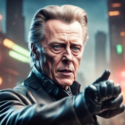 airbrush with pen outline, close up portrait of cool space pimp Christopher Walken in high speed action scene, wearing driver gloves, in the style of a fallout 4,bokeh like f/0.8, tilt-shift lens 8k, high detail, smooth render, down-light, unreal engine, prize winning