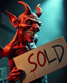 A realistic ghoulish laughing devil leaning forward at an angle as if over someone's shoulder, facing right, holding a large sign that says "SOLD" in clear letters. No humans, no extra subjects, cinematic horror lighting.