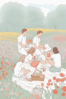 outline art for Picnic in the Flower Field people picnicking among colorful spring flowers., White background. sketch style, clean line art, white background, no shadow and clear