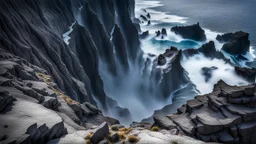 This mesmerizing ocean cliff scene captures the dramatic power and beauty of nature. Towering rugged cliffs stand majestically against the vast expanse of the ocean, where the water pours into a singular bottomless pit. The cliffs, with their sharp and jagged edges, create a stark contrast to the rough, flowing water, making the scene even more captivating. Sunlight pierces through the mist rising from the waterfalls, creating a magical, ethereal atmosphere