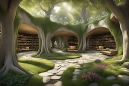 Panoramic Library Gardens: Medieval fantasy meets ancient nature. Winding stone paths under towering trees form a living cathedral. Vines and flowers cascade, while plants cling to ancient trunks. Natural seating areas of smoothed boulders and fallen logs. The library, built of fieldstone and timber, emerges from the landscape with large openings. Dappled sunlight illuminates quiet reading nooks. Style: natural textures, light play. Colors: deep greens, earth tones, jewel-toned flowers, golden