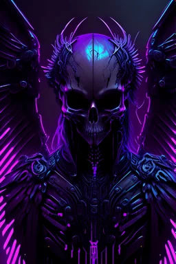 cyberpunk angel, black metall skull, violet neon wings, black mantle, horror them, hard-edge style, neon lights,highly detailed, high details, detailed portrait, masterpiece,ultra detailed, ultra quality