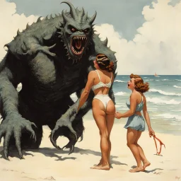 [art by Norman Rockwell] scared Woman in bikini swimsuit grabbed by a scary monster at the beach, vintage photo