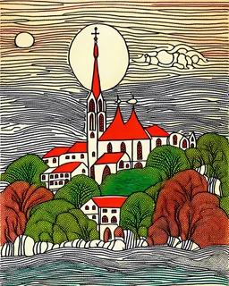 Innsbruck Cathedral: Intricately textured Joan Miro Style: highly detailed surreal landscape, village by the sea, trees, clouds, crashing ocean waves, bleeding ink, drawing on textured paper, Paul Klee, red, amber, green, indigo, aquamarine and maroon colours, mixed media, precisely executed fine line art, frameless, by Susanne. Modifiers: high definition crisp quality Picasso SALVADOR DALI vibrant colours Ukiyo-e *SK