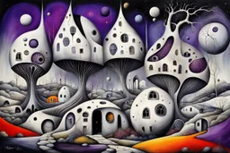 whmisical, weird ball-like houses in weird whimsical landscape, futur-surreal vibe with abstractions, around surreal cracked painted weird land with dark purple, gray, black, white, brown, and deep colors. style of Chagall , of Minjae Lee and Tim Burton, absurd beauty picture. weird bizarre absurd, nightmare, neuron network background, surreal vibe
