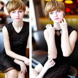 Russian boyish boylike female figure short man's haircut men's face boyish features in black girlish lacy cocktail dress earrings in restaurant