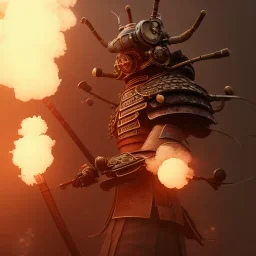 close-up of a insect with samurai armor breating out smoke in a low-light japanese city street with laterns, realistic, steampunk, 3d-art, futuristic, minimal design, unreal engine