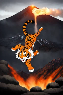 Tiger mascot doing a handstand on a volcano, photorealistic
