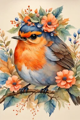 This enchanting, extremely detailed watercolor features a 3/4 closeup portrait of a vibrant Robin, adorned with flowers and a foliage crown, setting on a branch against a heavily textured beige background. nature and whimsy in a botanical style. The piece boasts warm orange and cool blue hues. .