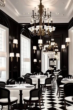 "Shoot a Neo-classic style restaurant with black, white, and residential-colored tables and chairs, along with chandeliers for lighting."