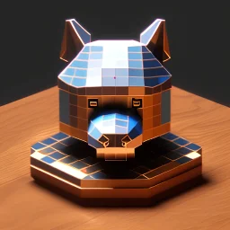 isometric, voxel dog, on shiny wooden table