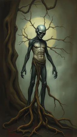 Bosch painting style nightmare, a man with legs looks like tree roots , his head is robot head , dramatic sad scene, fantasy,
